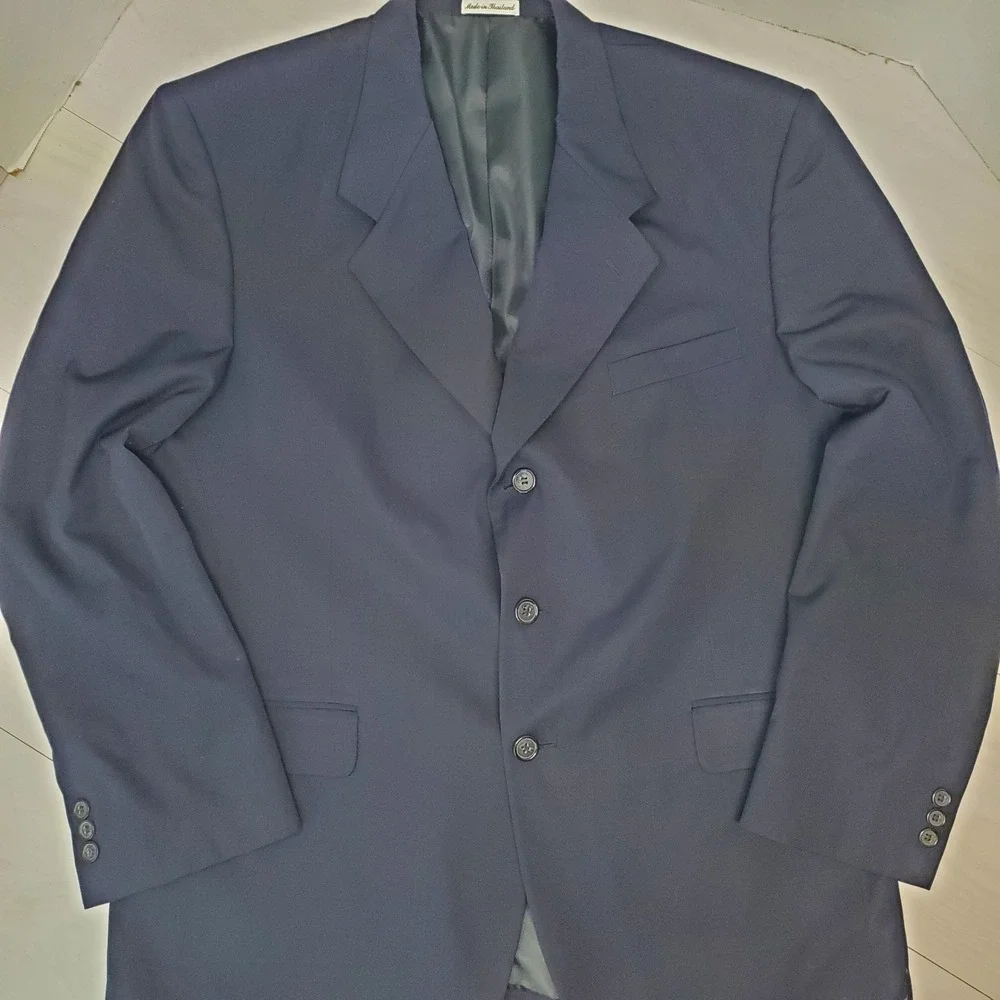 Vntg Trieste Mens Navy Blue Wool Blend Two Button Blazer 44R Old Money 90s Y2K